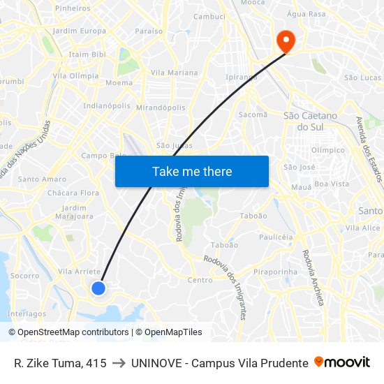 R. Zike Tuma, 415 to UNINOVE - Campus Vila Prudente map