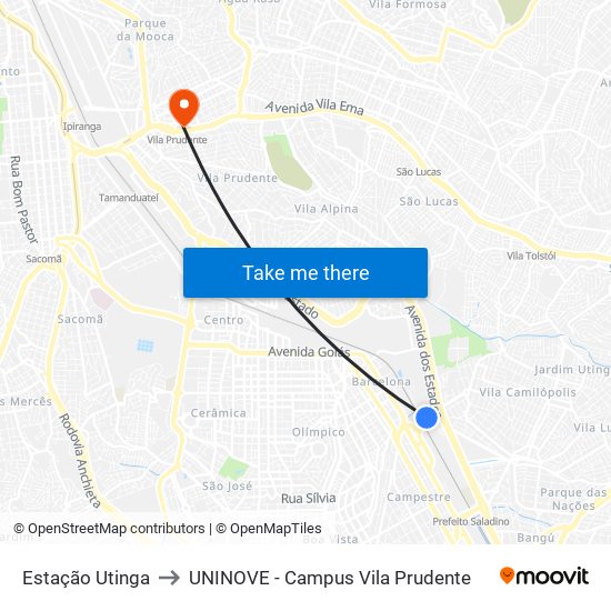 Estação Utinga to UNINOVE - Campus Vila Prudente map