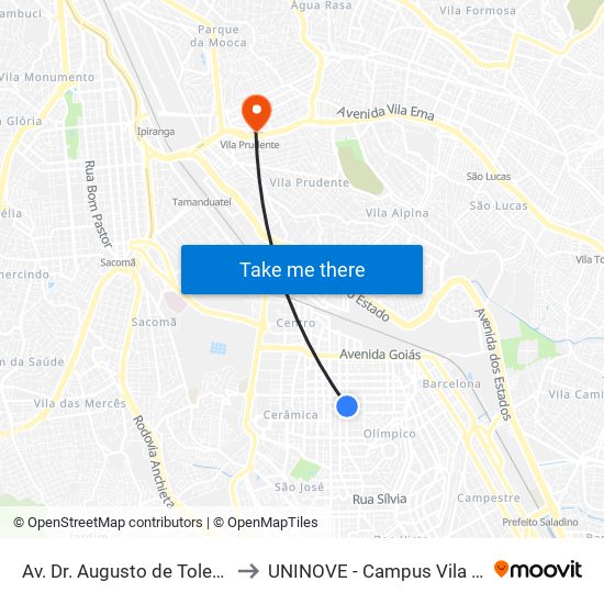 Av. Dr. Augusto de Toledo- 1123 to UNINOVE - Campus Vila Prudente map