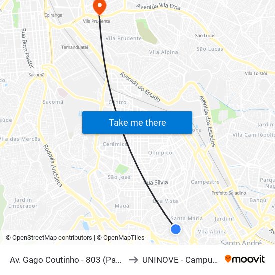 Av. Gago Coutinho - 803 (Padaria Gago Coutinho) to UNINOVE - Campus Vila Prudente map