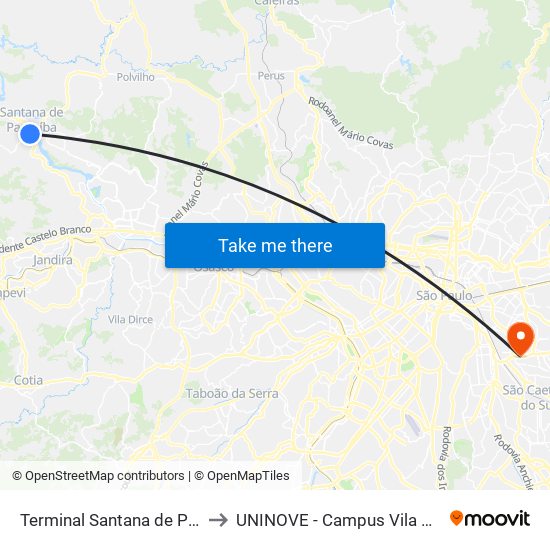 Terminal Santana de Parnaíba to UNINOVE - Campus Vila Prudente map