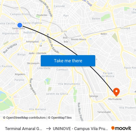 Terminal Amaral Gurgel to UNINOVE - Campus Vila Prudente map