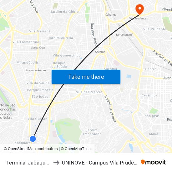 Terminal Jabaquara to UNINOVE - Campus Vila Prudente map