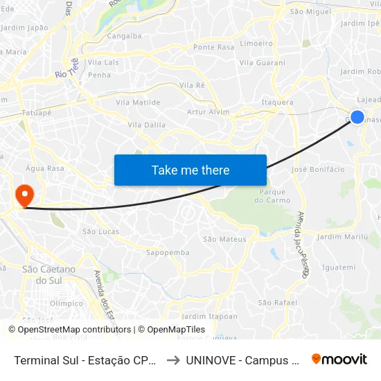 Terminal Sul - Estação CPTM Guaianazes to UNINOVE - Campus Vila Prudente map