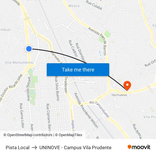 Pista Local to UNINOVE - Campus Vila Prudente map