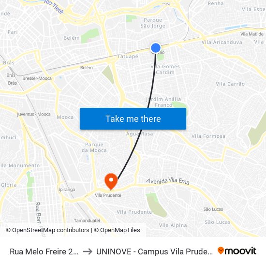 Rua Melo Freire 227 to UNINOVE - Campus Vila Prudente map