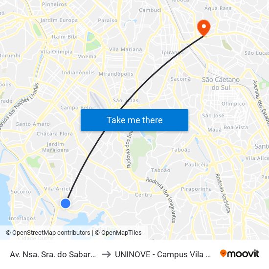 Av. Nsa. Sra. do Sabará, 4455 to UNINOVE - Campus Vila Prudente map
