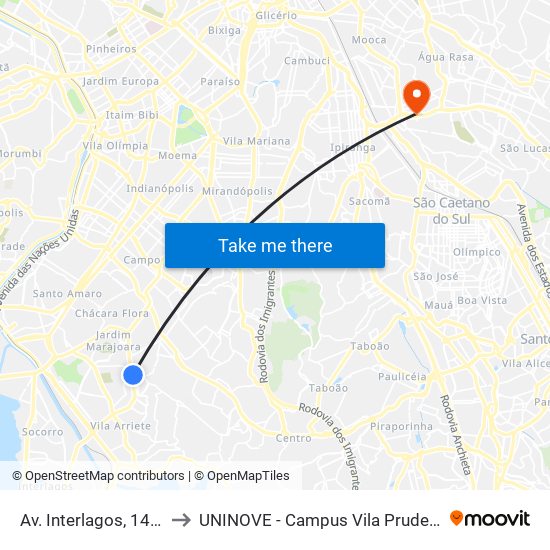Av. Interlagos, 1464 to UNINOVE - Campus Vila Prudente map
