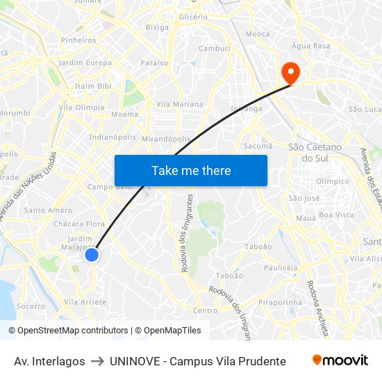 Av. Interlagos to UNINOVE - Campus Vila Prudente map