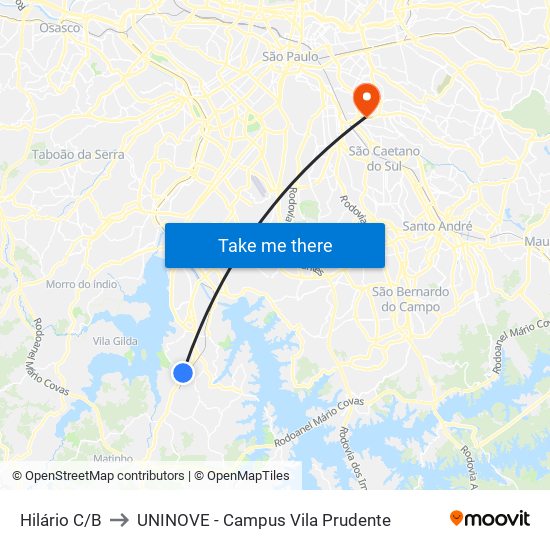 Hilário C/B to UNINOVE - Campus Vila Prudente map