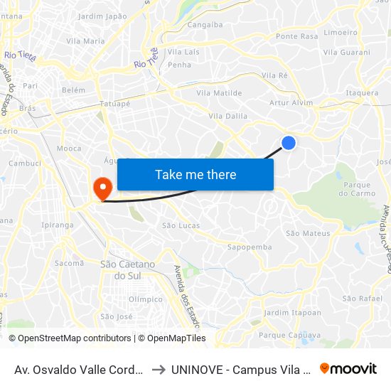 Av. Osvaldo Valle Cordeiro, 614 to UNINOVE - Campus Vila Prudente map