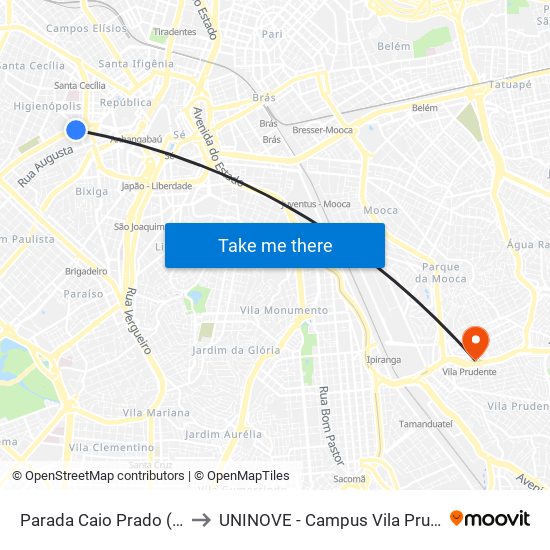 Parada Caio Prado (B/C) to UNINOVE - Campus Vila Prudente map