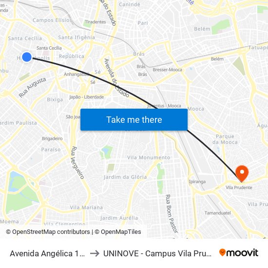 Avenida Angélica 1275 to UNINOVE - Campus Vila Prudente map