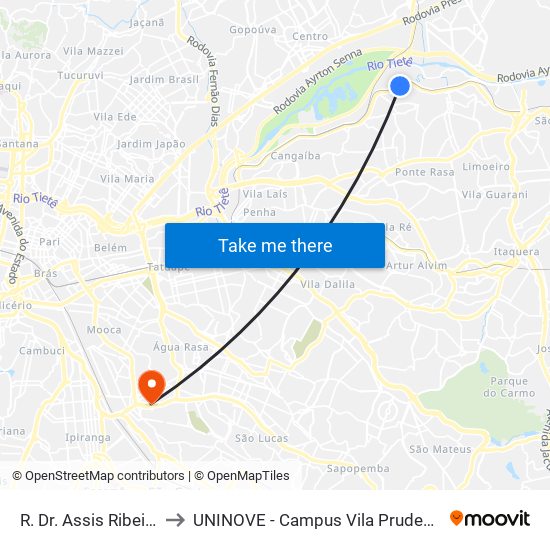 R. Dr. Assis Ribeiro to UNINOVE - Campus Vila Prudente map