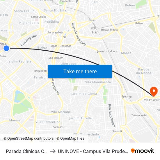 Clínicas C/B to UNINOVE - Campus Vila Prudente map