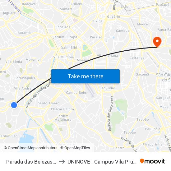Parada das Belezas B/C to UNINOVE - Campus Vila Prudente map