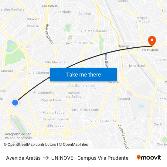 Avenida Aratãs to UNINOVE - Campus Vila Prudente map