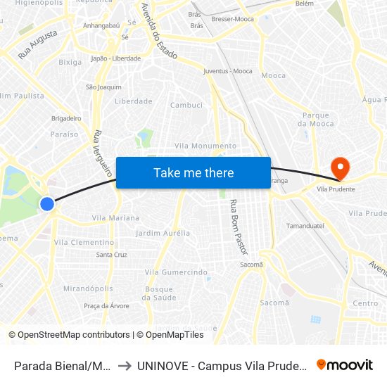 Parada Bienal/Mac to UNINOVE - Campus Vila Prudente map