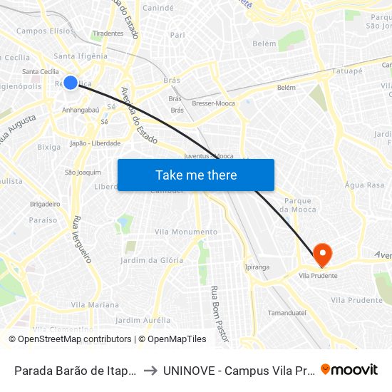 Parada Barão de Itapetinga to UNINOVE - Campus Vila Prudente map