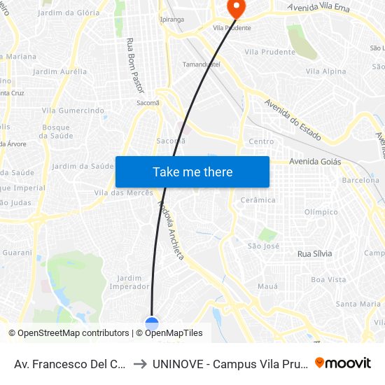 Av. Francesco Del Cossa to UNINOVE - Campus Vila Prudente map