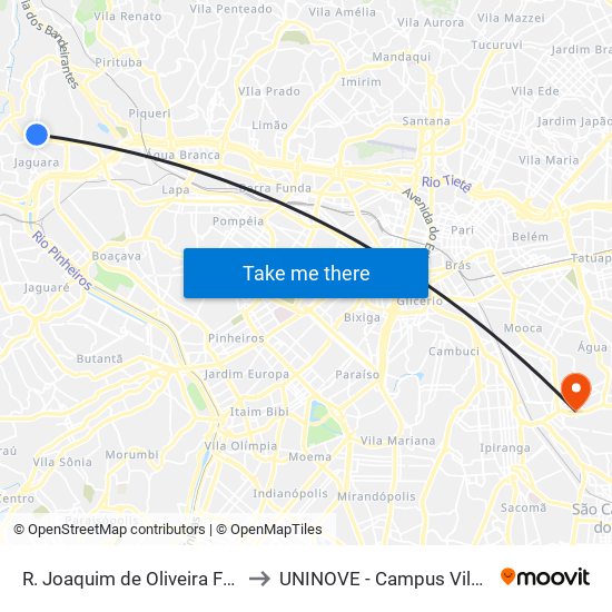 R. Joaquim de Oliveira Freitas, 145 to UNINOVE - Campus Vila Prudente map