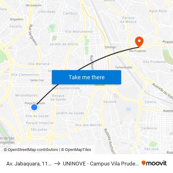 Av. Jabaquara, 1149 to UNINOVE - Campus Vila Prudente map
