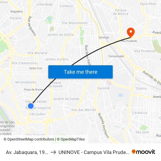 Av. Jabaquara, 1909 to UNINOVE - Campus Vila Prudente map