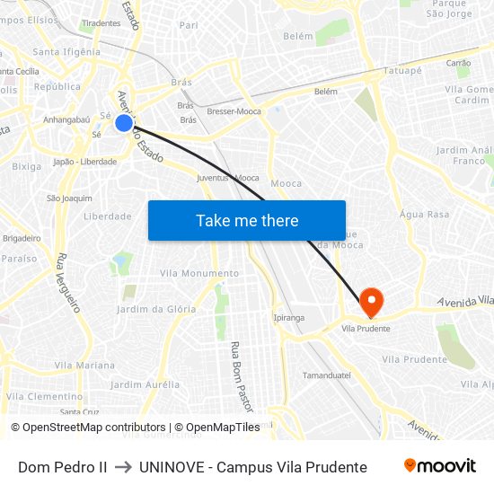 Pq. D. Pedro II to UNINOVE - Campus Vila Prudente map