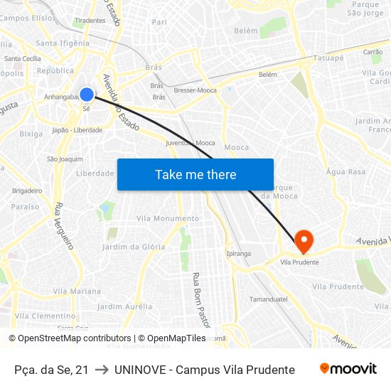 Pça. da Se, 21 to UNINOVE - Campus Vila Prudente map