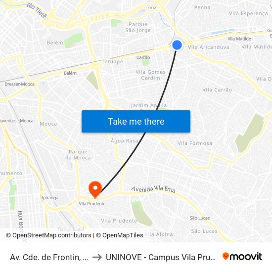 Av. Cde. de Frontin, 542 to UNINOVE - Campus Vila Prudente map