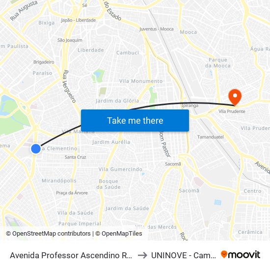 Avenida Professor Ascendino Reis, 2524 • Metrô Aacd-Servidor to UNINOVE - Campus Vila Prudente map