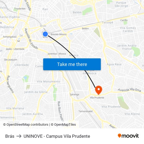 Brás to UNINOVE - Campus Vila Prudente map