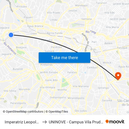 Imperatriz Leopoldina to UNINOVE - Campus Vila Prudente map