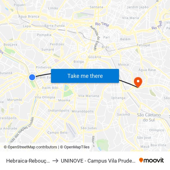 Hebraica-Rebouças to UNINOVE - Campus Vila Prudente map