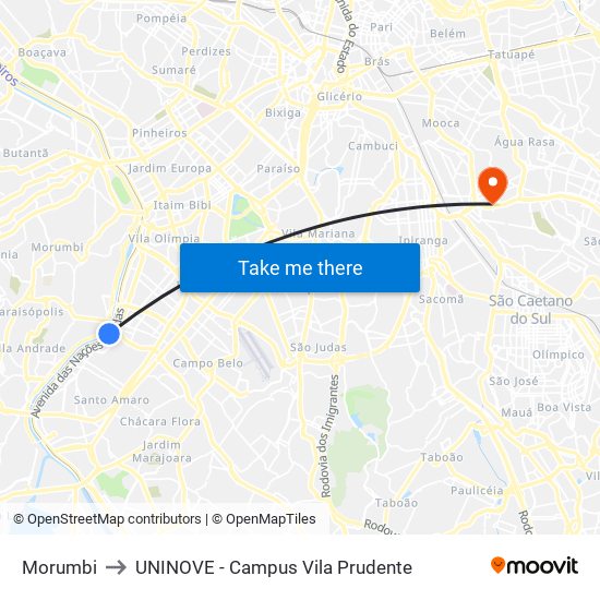 Morumbi to UNINOVE - Campus Vila Prudente map