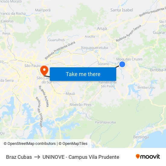 Braz Cubas to UNINOVE - Campus Vila Prudente map