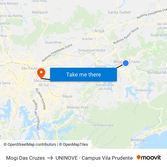 Mogi Das Cruzes to UNINOVE - Campus Vila Prudente map