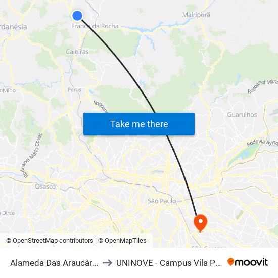 Alameda Das Araucárias 19 to UNINOVE - Campus Vila Prudente map