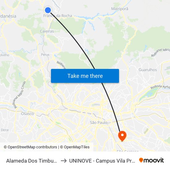 Alameda Dos Timburis 21 to UNINOVE - Campus Vila Prudente map