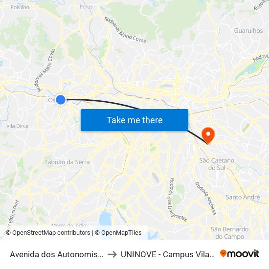 Avenida dos Autonomistas, 4120 to UNINOVE - Campus Vila Prudente map