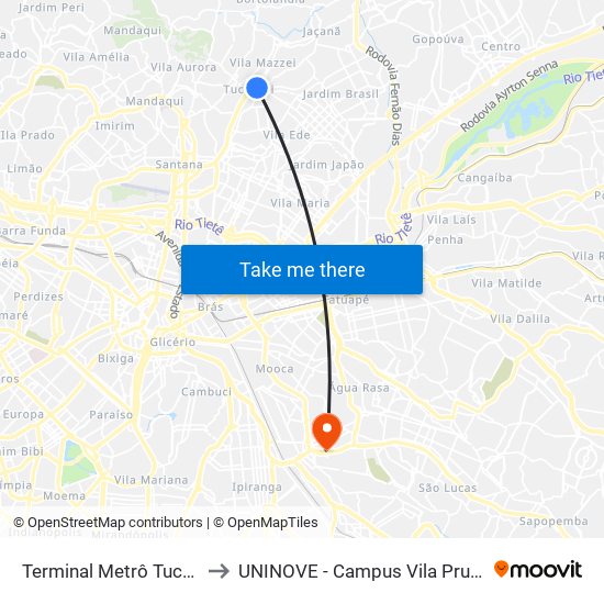 Terminal Metrô Tucuruvi to UNINOVE - Campus Vila Prudente map