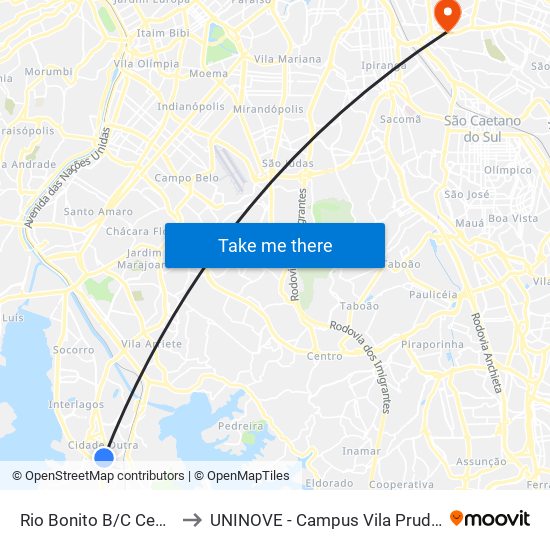 Rio Bonito B/C Central to UNINOVE - Campus Vila Prudente map