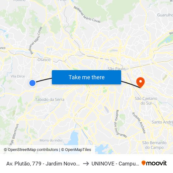 Av. Plutão, 779 - Jardim Novo Horizonte, Carapicuíba to UNINOVE - Campus Vila Prudente map