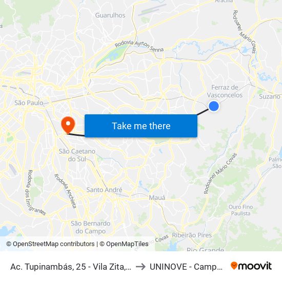 Ac. Tupinambás, 25 - Vila Zita, Ferraz de Vasconcelos to UNINOVE - Campus Vila Prudente map