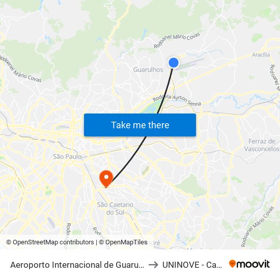 Aeroporto Internacional de São Paulo (Terminal de Passageiros 1) to UNINOVE - Campus Vila Prudente map