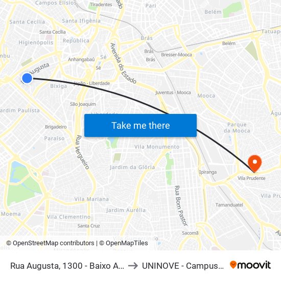 Rua Augusta, 1300 - Baixo Augusta, São Paulo to UNINOVE - Campus Vila Prudente map