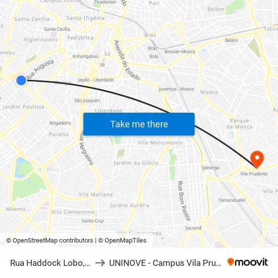 Rua Haddock Lobo, 450 to UNINOVE - Campus Vila Prudente map