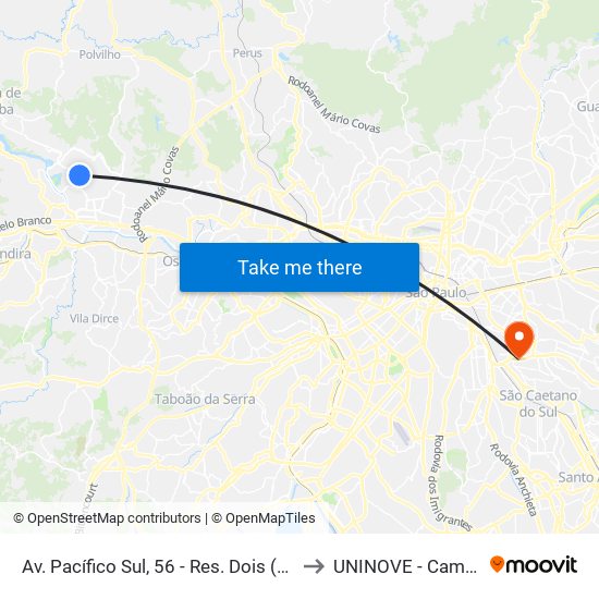 Av. Pacífico Sul, 56 - Res. Dois (Tambore), Santana de Parnaíba to UNINOVE - Campus Vila Prudente map