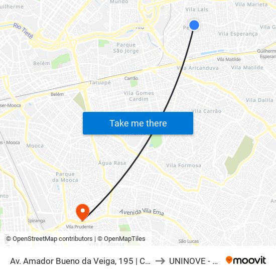 Av. Amador Bueno da Veiga, 195 | Centro Médico São Gabriel - Penha de França, São Paulo to UNINOVE - Campus Vila Prudente map