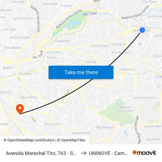 Avenida Marechal Tito, 763 - São Miguel Paulista, São Paulo to UNINOVE - Campus Vila Prudente map